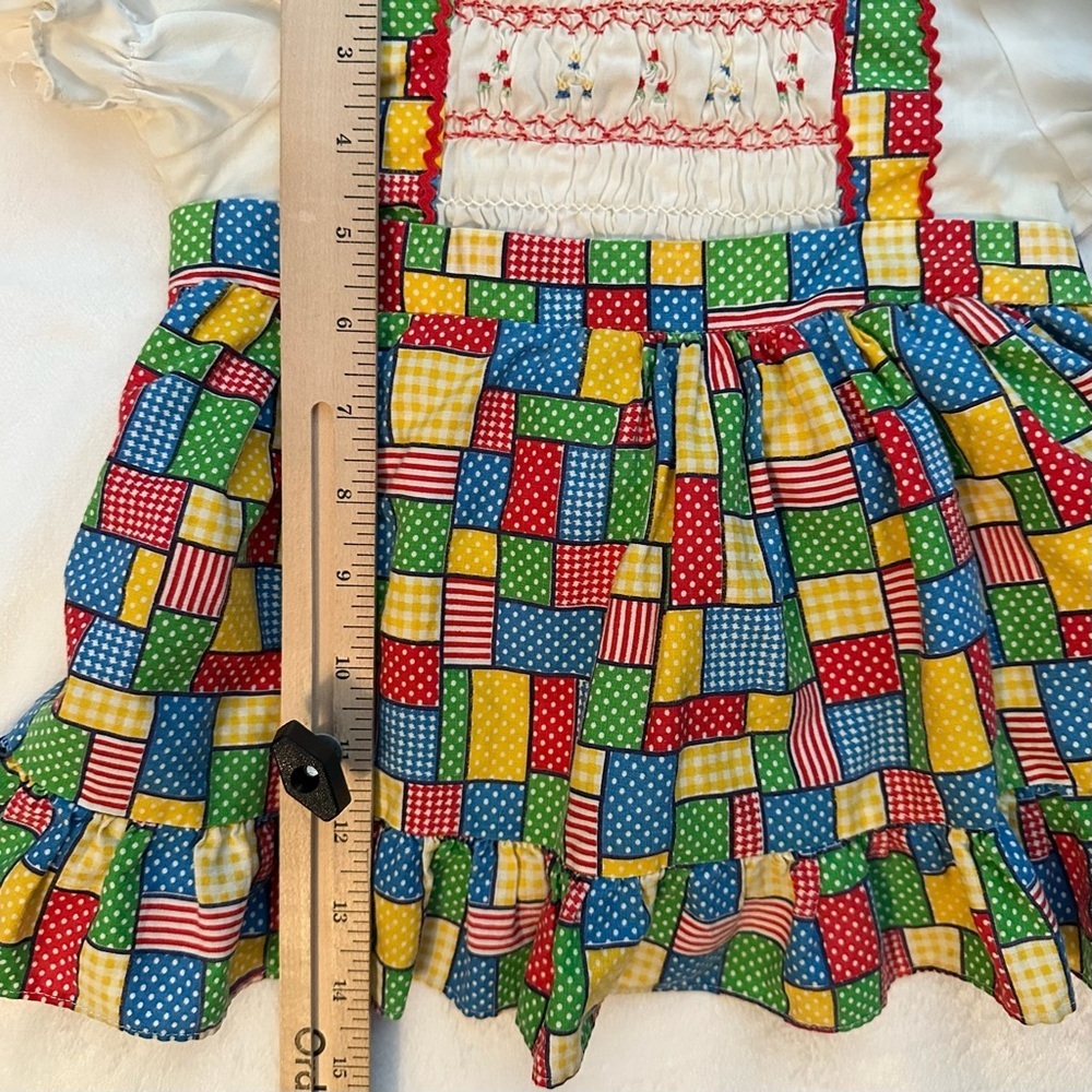 Vintage Girls Colorful Patchwork Smocked Short Sleeve Dress Baby 18/24M No Brand - Picture 3 of 6